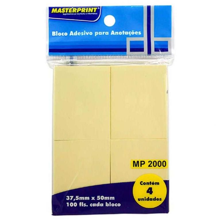 Bloco de Notas Adesivo Amarelo 37,5x50mm Com 4 Blocos de 100 Folhas Cada - Masteprint