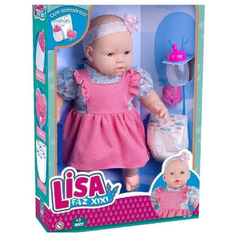 Boneca Bebe Lisa Faz Xixi Com Mamadeira e Fralda Super Toys