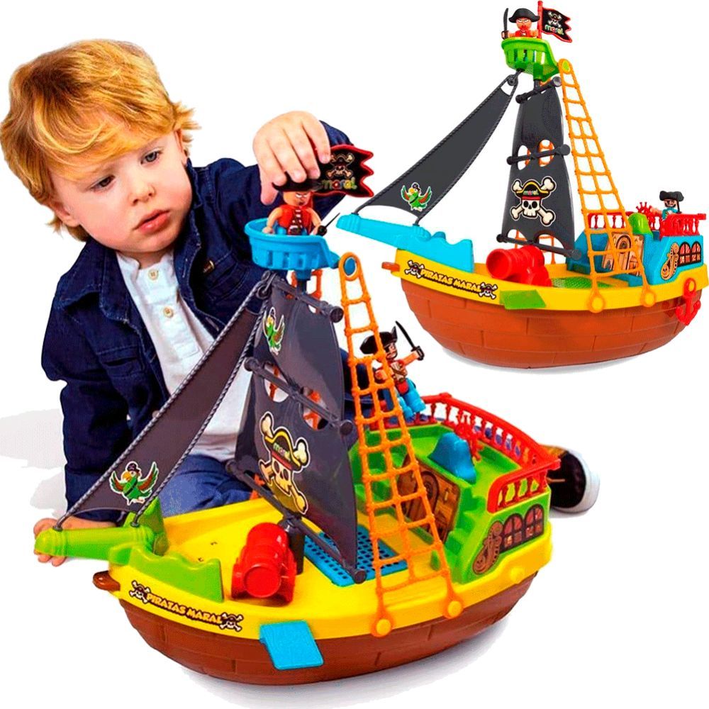 Brinquedo Infantil Barco Navio Pirata Com Bonecos 23 Peças Com Rodinhas