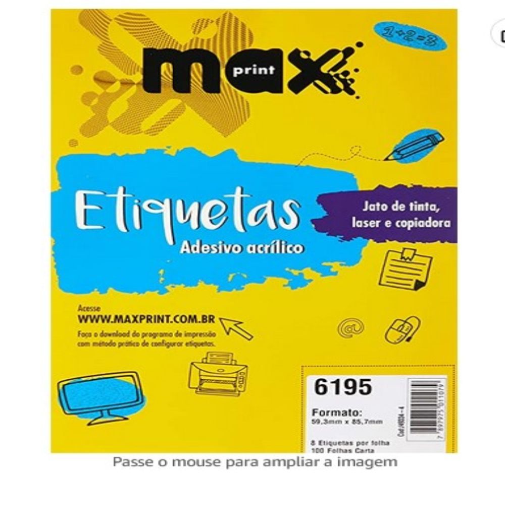 Etiqueta Ink-jet/laser 6195 59,3x85,7 Mm Pacote Com 100 Folhas Com 8 Etiquetas Por Folha - Maxprint