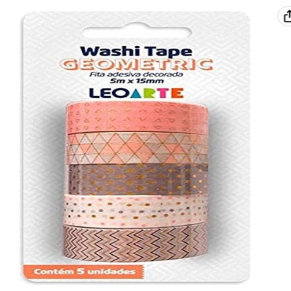 Fita Adesiva Decorada 5 Rolos Washi Tape 15mmx5m Geometric - Leoarte
