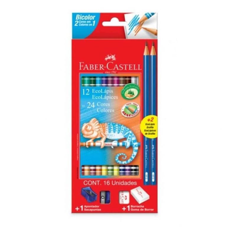Lápis de Cor Longo 12/24 Bicolor Kit 2 Lapis Grafite+apontador+borracha - Faber Castell