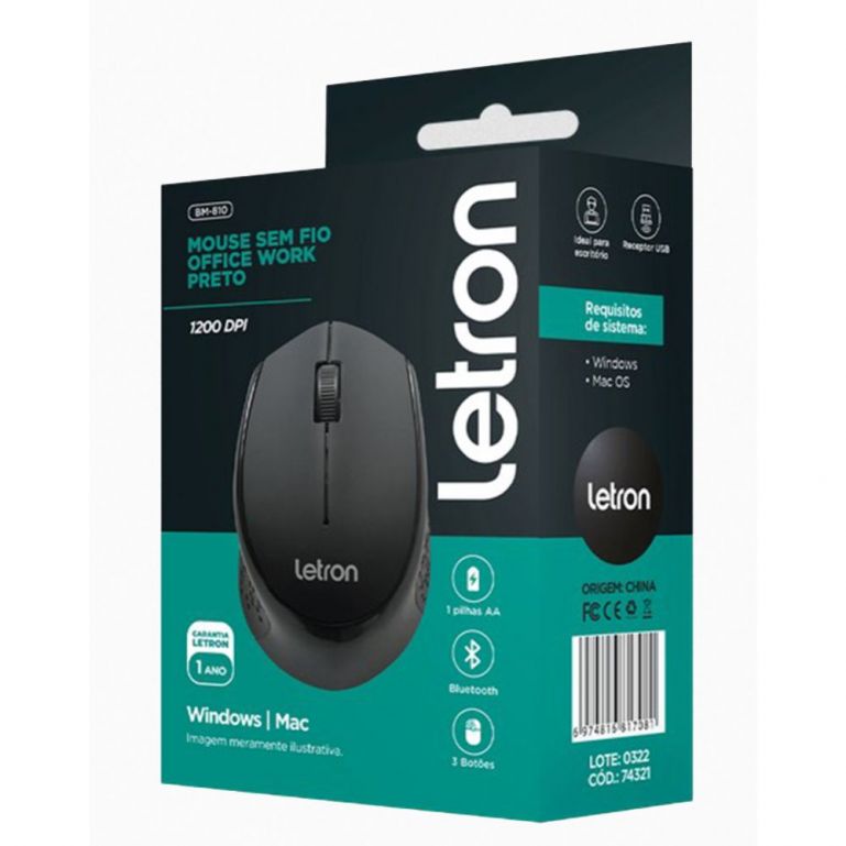 Mouse Sem Fio Office Work Preto Bluetooth Ergonômico - Letron