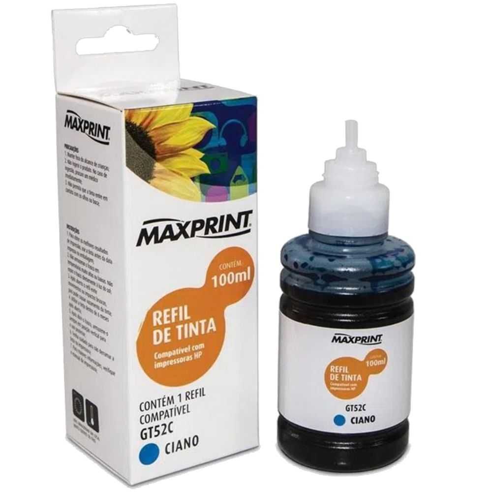 Refil de Tinta Gt52c 100ml Maxprint Compatível Com Impressoras Hp Ciano