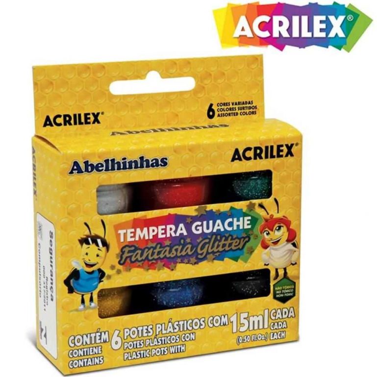 Tinta Guache 6 Cores Com Gliter - Acrilex