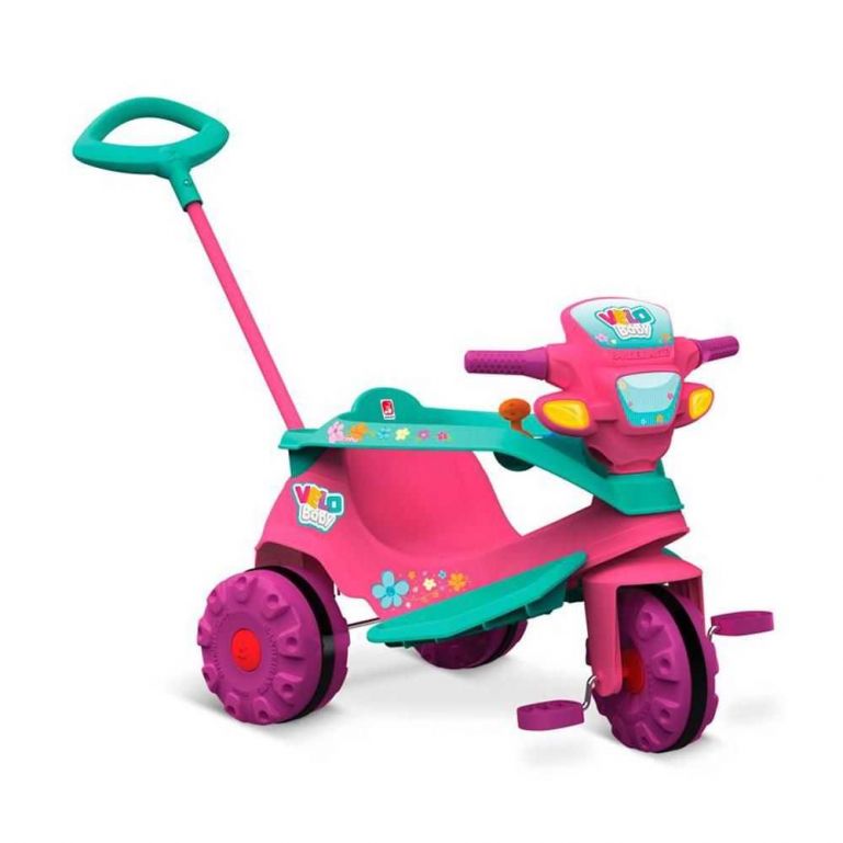 Triciclo Infantil Velobaby Passeio e Pedal Com Empurrador Rosa - Bandeirante